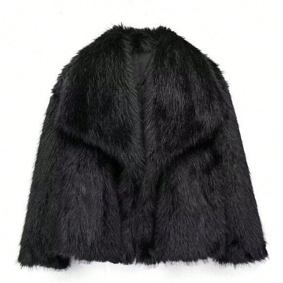 Black Preppy Women's Casual Luxury Faux Fur Coat - Picture 6 of 7